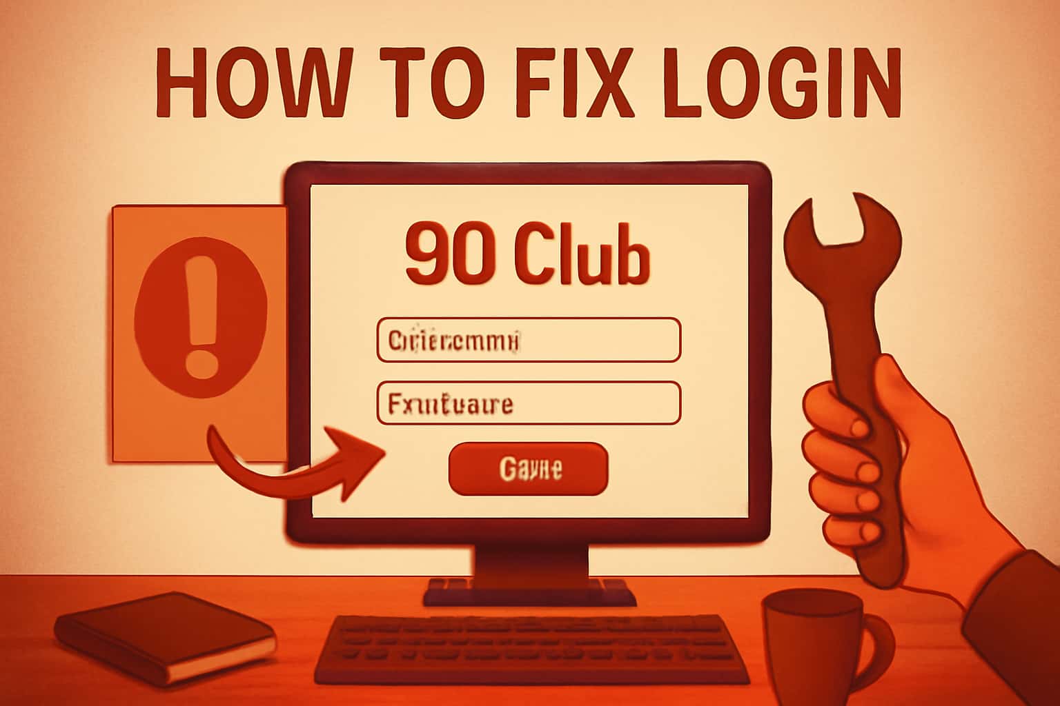 An informational scene illustrating solutions for login issues with the 90 Club platform, featuring the text '90 Club'.